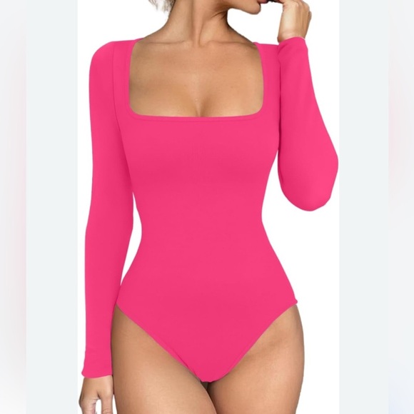 Vibrant Pink Long Sleeve Bodysuit square neck - Picture 1 of 3